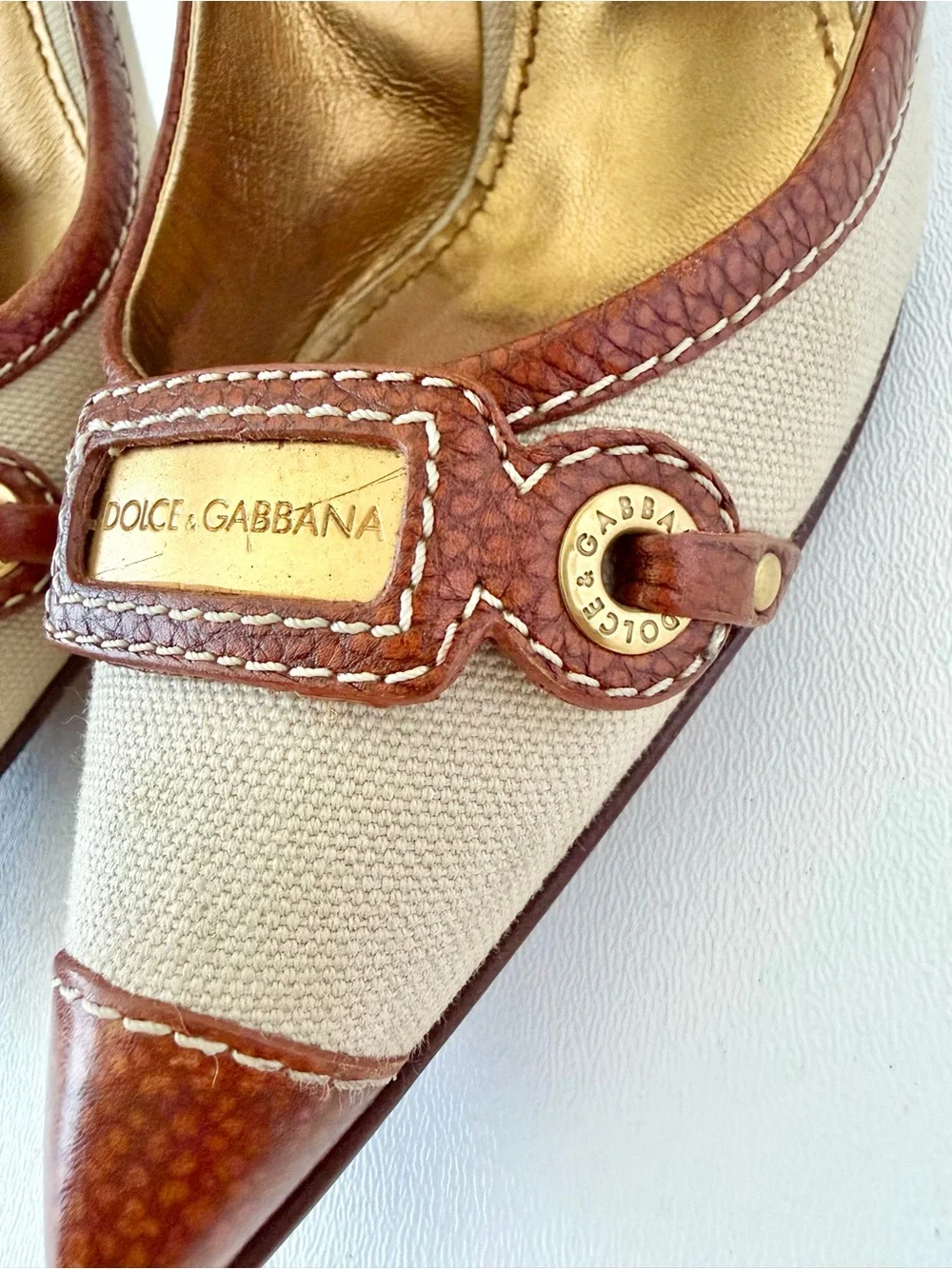 DOLCE & GABBANA | Vintage Canvas Leather Pointed Toe Pumps Heels EU 36.5